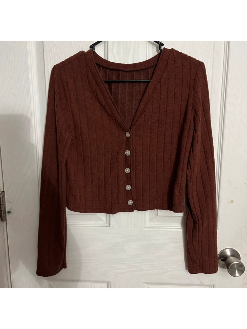 Brown Ribbed Cropped Button Cardigan M